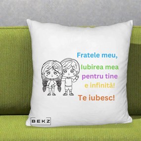 Cadou pentru Frate - Perna Personalizata Fratele Meu Te Iubesc Copii Anime Colorat, 40x40 cm, Alb Pufos, Husa Detasabila, Perna Inclusa, BEKZ®