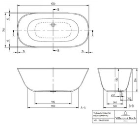 Cada free-standing, Villeroy&amp;Boch Theano, compozit Quaryl, 155x75cm, Alb Alpin, UBQ155ANH7F200V-01