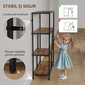 HOMCOM Bibliotecă cu 4 Rafturi, Stil Industrial, Lemn și Metal, 77x30x116cm, Maro | Aosom Romania