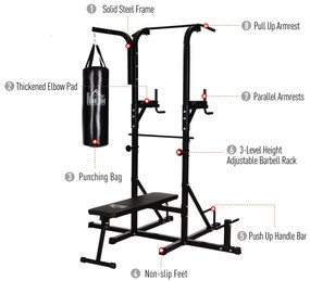 HOMCOM Stație Multifuncțională de Antrenament, Oțel, cu Bară de Tracțiuni, Scaun Roman, Sac de Box, 180x183x219cm | Aosom Romania