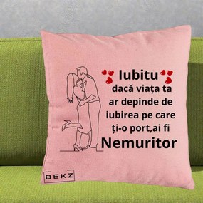 Cadou pentru Iubit - Perna Personalizata Iubitu Nemuritor cu Cuplu Line-Art si Inimi Rosii, 40x40 cm, Roz, Husa Detasabila, Perna Inclusa, BEKZ®