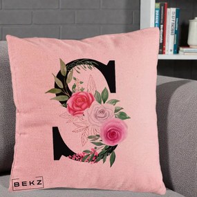 Cadou Personalizat - Perna Personalizata Monograma Florala Litera S, 40x40 cm, Roz, Husa Detasabila, Perna Inclusa, BEKZ®