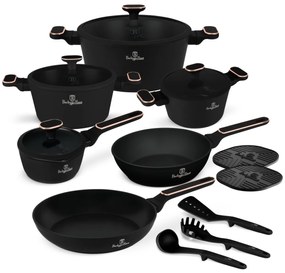 Set oale si tigai 15 piese Black Rose Berlinger Haus BH 8363, negre, înveliș antiaderent titan, compatibile inducție