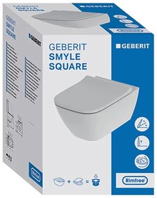 Set vas WC suspendat Geberit, Smyle Square, cu capac quick release, alb