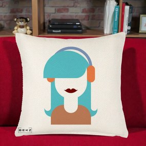Perna Decorativa Fata cu Casti Muzica Grafic, 40x40 cm, Crem Reliefat, Husa Detasabila, Perna Inclusa, BEKZ®