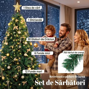 HOMCOM Brad de Crăciun Artificial 180 cm cu 240 LED-uri, 755 Ramuri din PVC, Stea, Globuri, Funde, Verde | Aosom Romania
