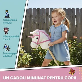 AIYAPLAY Căluț unicorn pe băț pentru copii 24 luni+, cu sunete realiste și roți, 95x25x27 cm, alb | Aosom Romania