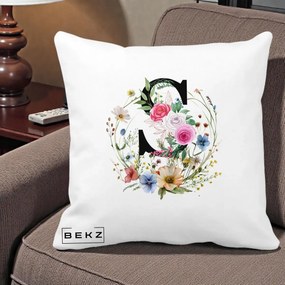 Cadou Personalizat - Perna Personalizata Monogram Litera S cu Flori Acuarela, 40x40 cm, Alba Mata, Husa Detasabila, Perna Inclusa, BEKZ®