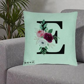 Cadou Personalizat - Perna Personalizata Monograma Florala Litera E, 40x40 cm, Verde Menta, Husa Detasabila, Perna Inclusa, BEKZ®