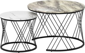 HOMCOM Lot de 2 mese joase gigogne rotunde Ø 70/44,5 cm cu blat efect marmură și picioare din metal, gri și alb | Aosom Romania
