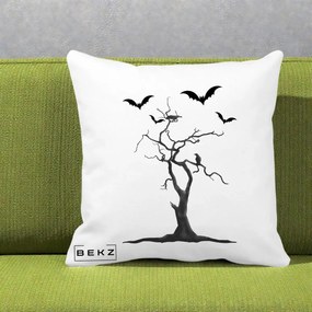 Perna Decorativa Halloween Copac cu Lilieci Alb-Negru, 40x40 cm, Alba Mata, Husa Detasabila, Perna Inclusa, BEKZ®