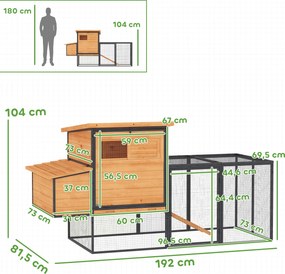 PawHut Cușcă pentru găini din lemn și oțel cu țarc, cuib, tavă pentru dejecții și acoperiș deschis 192x81,5x104cm portocaliu | Aosom Romania