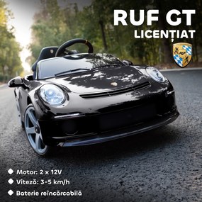 AIYAPLAY Mașină pentru Copii 3-5 Ani cu Licență Oficială RUF GT, Telecomandă, Centură de Siguranță și Muzică, Negru | Aosom Romania
