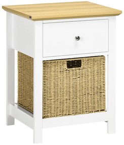 HOMCOM Masă de Noapte cu Sertar și Coș din Răchită Pliabil Masă Auxiliară pentru Sufragerie Dormitor 49x39x64 cm Alb și Natural | Aosom Romania
