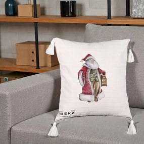 Perna Decorativa Mos Craciun Vintage cu Felinar, 40x40 cm, Bej cu Franjuri, Husa Detasabila, Perna Inclusa, BEKZ®