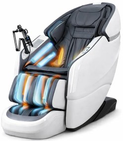 Fotoliu de masaj ZEENA INFINITY PRO, AI voce, Incalzire, Bluetooth, Zero Gravity SL-Track Shiatsu, Joystick și suport pentru telefon, Controler rapid cotiera, 2 Boxe, Moduri Automate, Suport Picioare extensibil, Piele PU Premium, Alb/Gri