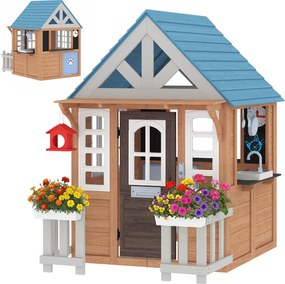 AIYAPLAY Căsuță de joacă exterioară din lemn, casă pentru copii interior/exterior cu ușă pentru animale, bucătărie de joacă, maro | Aosom Romania