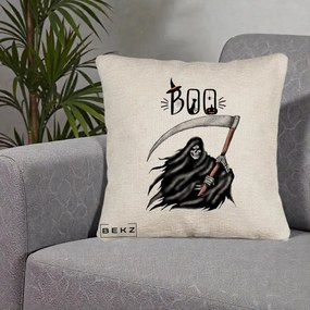 Perna Decorativa Halloween Boo Grim Reaper cu Coasa, 40x40 cm, Bej Canapea, Husa Detasabila, Perna Inclusa, BEKZ®