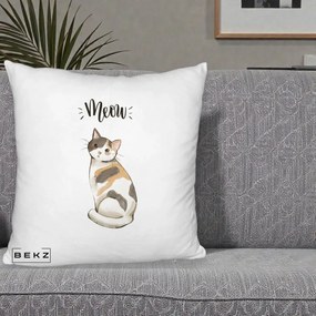 Perna Personalizata Pisica Meow Acuarela, 40x40 cm, Alb Pufos, Husa Detasabila, Perna Inclusa, BEKZ®