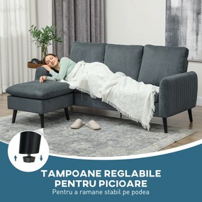 HOMCOM Canapea Colțar cu 3 locuri, Taburet Detașabil și Reversibil 196x140x88 cm, Gri Cărbune | Aosom Romania