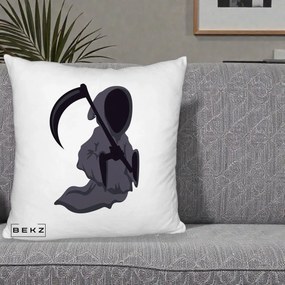 Perna Decorativa Moartea cu Coasa Grim Reaper Halloween, 40x40 cm, Alb Pufos, Husa Detasabila, Perna Inclusa, BEKZ®