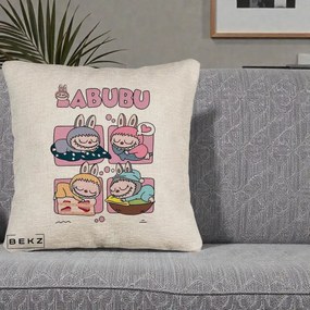 Perna Personalizata Labubu Sleeping Quad Grid, 40x40 cm, Bej Canapea, Husa Detasabila, Perna Inclusa, BEKZ®
