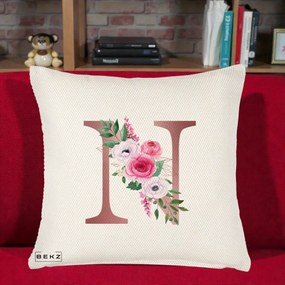 Cadou Personalizat - Perna Personalizata Monograma Rose Gold Litera N, 40x40 cm, Crem Reliefat, Husa Detasabila, Perna Inclusa, BEKZ®