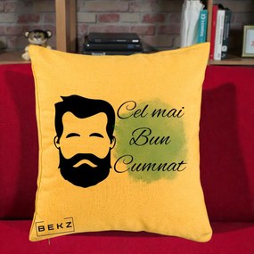 Cadou pentru Cumnat - Perna Personalizata Cel mai Bun Cumnat cu Portret Barbat si Pete Teal, 40x40 cm, Galben, Husa Detasabila, Perna Inclusa, BEKZ®