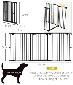 PawHut Poartă pentru Câini cu 3 Panouri și Sistem Dublu de Închidere, Barieră pentru Câini pentru Scări, Uși, Holuri, 206x90 cm, Negru | Aosom Romania