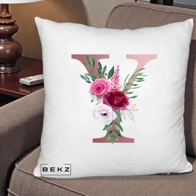 Cadou Personalizat - Perna Personalizata Monograma Rose Gold Litera Y, 40x40 cm, Alb Pufos, Husa Detasabila, Perna Inclusa, BEKZ®
