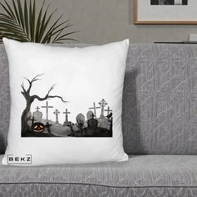 Perna Decorativa Halloween Cimitir Acuarela cu Dovleac, 40x40 cm, Alb Pufos, Husa Detasabila, Perna Inclusa, BEKZ®