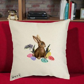 Perna Decorativa Iepuras cu Oua de Pasti Acuarela, 40x40 cm, Ecru, Husa Detasabila, Perna Inclusa, BEKZ®