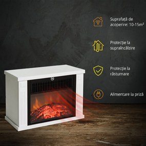 HOMCOM Șemineu Electric de Podea cu Efect de Flacără, Putere Reglabilă 600/1200W, Acoperire 10-15m², Alb | Aosom Romania