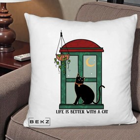 Perna Personalizata Life is Better with a Cat Geam, 40x40 cm, Alb Pufos, Husa Detasabila, Perna Inclusa, BEKZ®