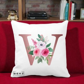 Cadou Personalizat - Perna Personalizata Monograma Rose Gold Litera W cu Trandafiri si Anemona, 40x40 cm, Alba Mata, Husa Detasabila, Perna Inclusa, BEKZ®