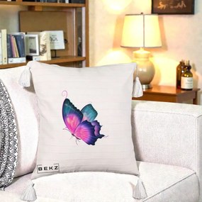 Perna Decorativa Fluture Neon, 40x40 cm, Bej cu Franjuri, Husa Detasabila, Perna Inclusa, BEKZ®