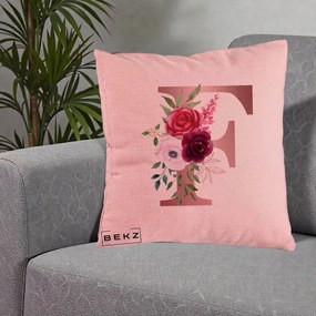 Cadou Personalizat - Perna Personalizata Monograma Rose Gold Litera F, 40x40 cm, Roz, Husa Detasabila, Perna Inclusa, BEKZ®