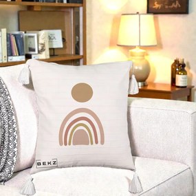 Perna Decorativa Boho Rainbow Sun, 40x40 cm, Bej cu Franjuri, Husa Detasabila, Perna Inclusa, BEKZ®