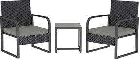 Outsunny Set de Grădină 3 Piese din Rattan PE și Oțel, Set cu 2 Fotolii cu Perne Lavabile și Măsuță de Cafea cu Blat din Sticlă, Set de Mobilier pentru Balcon, Terasă sau Curte, Gri Închis și Negru | Aosom Romania