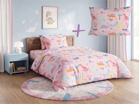 Set lenjerie de pat din microfibra pentru copii DINO ISLAND colorat + husa de perna 50 x 70 cm GRATUIT