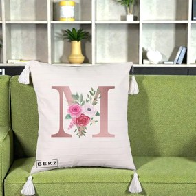 Cadou Personalizat - Perna Personalizata Monograma Rose Gold Litera M cu Trandafiri, 40x40 cm, Bej cu Franjuri, Husa Detasabila, Perna Inclusa, BEKZ®