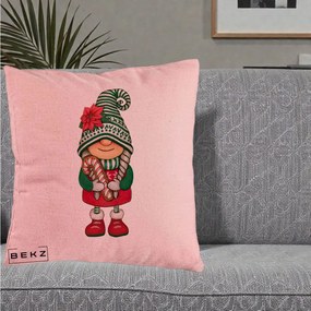 Perna Decorativa Gnom Craciun Verde cu Bomboane si Floare, 40x40 cm, Roz, Husa Detasabila, Perna Inclusa, BEKZ®