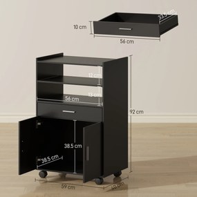 HOMCOM Dulap pentru Cuptorul cu Microunde cu Roți, Bufet de Bucătărie cu Sertar, Blat pentru Aparate, Dulap cu 2 Uși, Raft Retractabil și Raft Deschis, Cărucior de Bucătărie pentru Sufragerie, 59x40x92cm, Negru | Aosom Romania