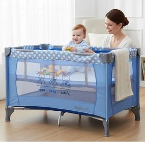 Patut Pliabil si Tarc copii Baby Care™ PRO FMG, 120X60 cm, 2 Niveluri de inaltime, Cu geanta transport inclusa, Plasa insecte, Albastru