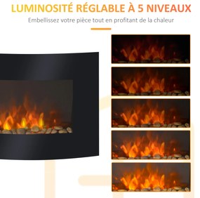 HOMCOM Șemineu Electric de Perete 900/1800W Încălzire cu Efect de Flacără 3D Reglabil, Șemineu Electric cu Lumină LED în 7 Culori, Telecomandă, Temporizator și Termostat, 30 m², Negru | Aosom Romania
