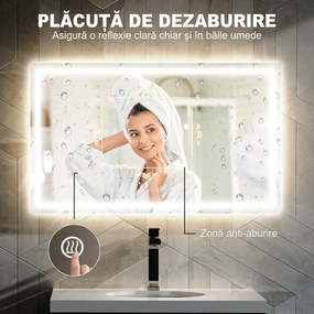 HOMCOM Oglindă de Baie Iluminată cu Lumini LED Reglabile și Strat Anti-Condens, 100x60 cm, Transparent | Aosom Romania