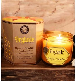 Lumânare organică Mysore Chandan - Lemn de santal200 g în pahar de sticlă chihlimbar