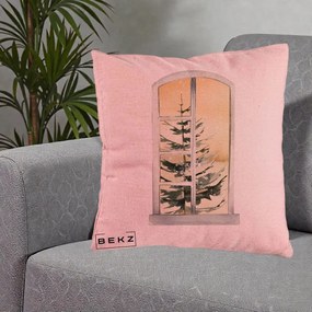 Perna Decorativa Fereastra cu Brad de Iarna, 40x40 cm, Roz, Husa Detasabila, Perna Inclusa, BEKZ®