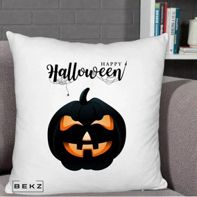 Perna Decorativa Happy Halloween Dovleac Negru cu Paianjen, 40x40 cm, Alb Pufos, Husa Detasabila, Perna Inclusa, BEKZ®
