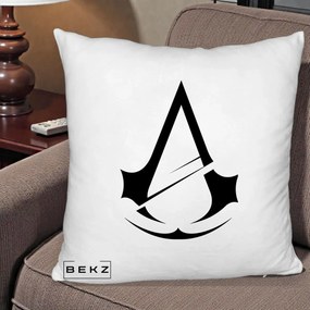 Perna Personalizata Assassin's Creed Minimalist, 40x40 cm, Alb Pufos, Husa Detasabila, Perna Inclusa, BEKZ®